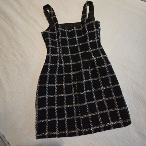 Lulus Black & Gold Grid Tweed Bodycon Mini Dress – XS - Picture 2 of 5
